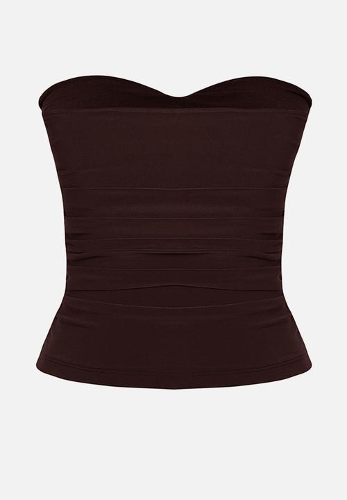 Trendyol - Strapless Knit Blouse with Accessory Detail - Brown