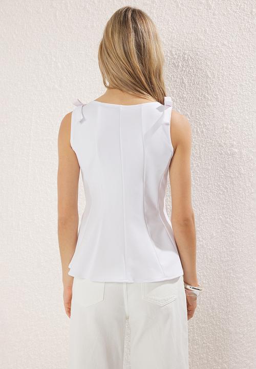 Trendyol - Peplum Blouse with Shoulder Bow Detail - White