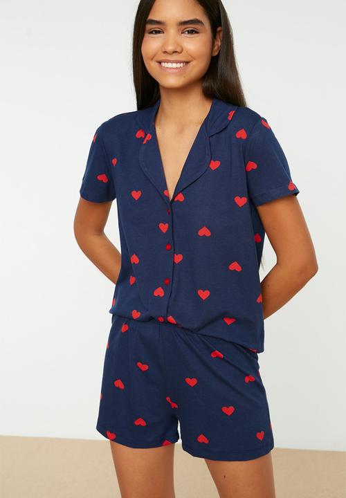 Trendyol - Cotton heart shorts pajama set - navy blue