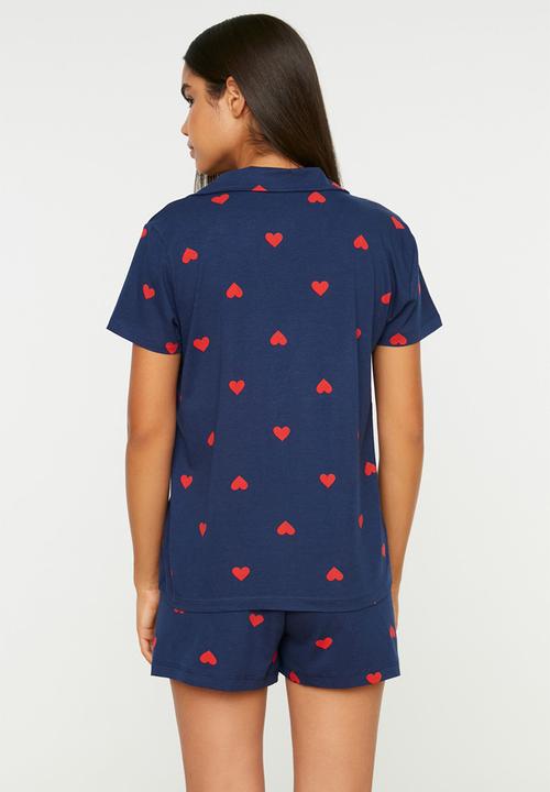 Trendyol - Cotton heart shorts pajama set - navy blue