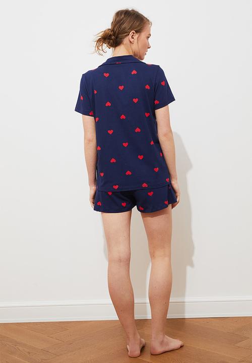 Trendyol - Cotton heart shorts pajama set - navy blue