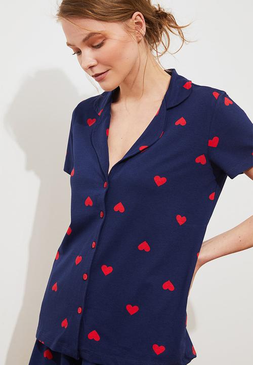 Trendyol - Cotton heart shorts pajama set - navy blue