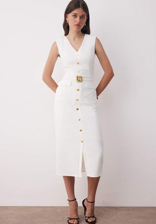 Trendyol - Belted Straight Midi Dress with Accessory Detail - White