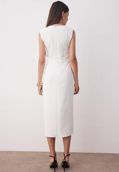 Trendyol - Belted Straight Midi Dress with Accessory Detail - White
