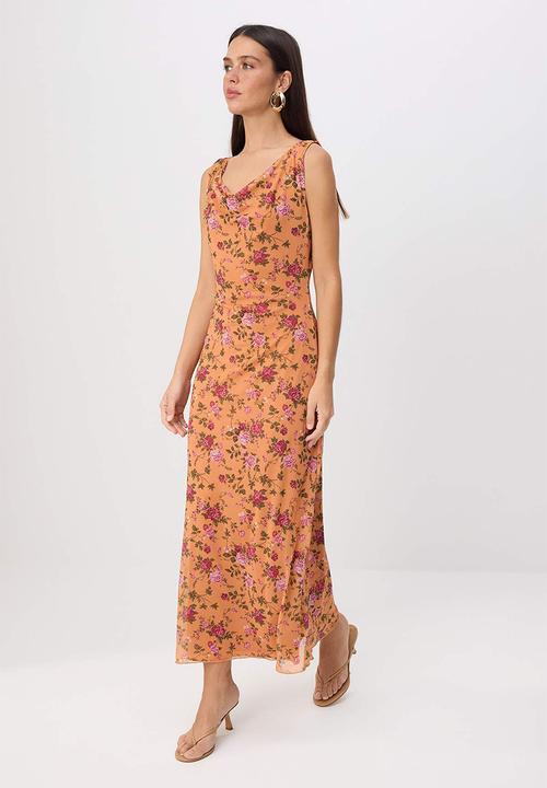 Trendyol - Floral Waist-Cut Degaje Collar Tulle Dress - Orange