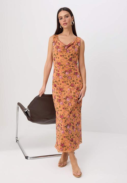 Trendyol - Floral Waist-Cut Degaje Collar Tulle Dress - Orange