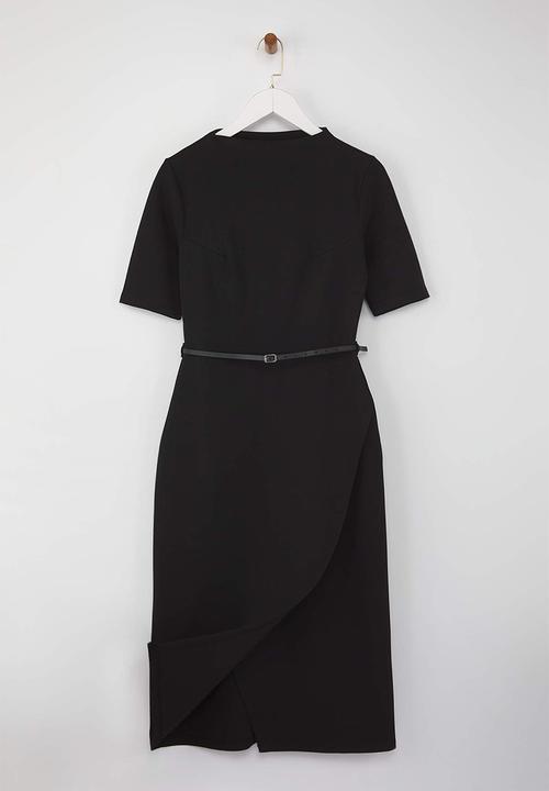 Trendyol - Belted Three-Quarter Sleeve Midi Knit Dress - Black
