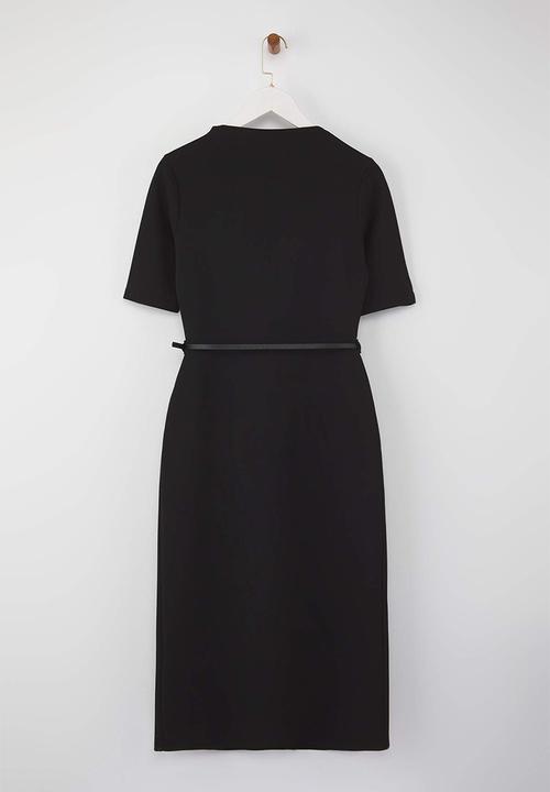 Trendyol - Belted Three-Quarter Sleeve Midi Knit Dress - Black