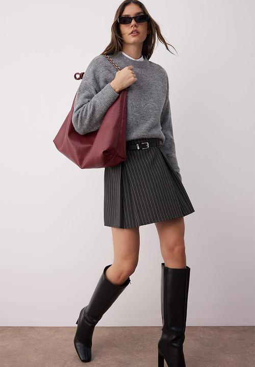 Trendyol - Belted Striped A-Line Mini Skirt - Anthracite