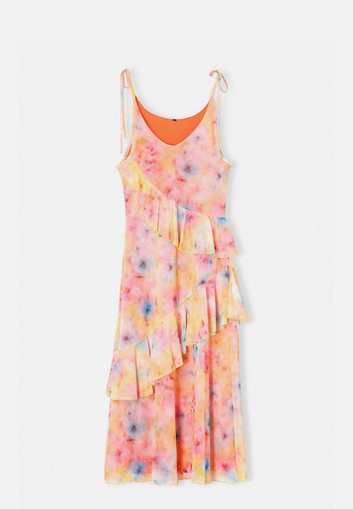 Trendyol - Printed A-Line Tulle Dress with Thin Straps - Multi
