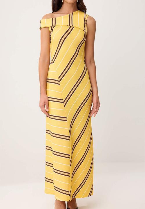 Trendyol - Striped A-Line Asymmetric Neck Knit Dress - Yellow