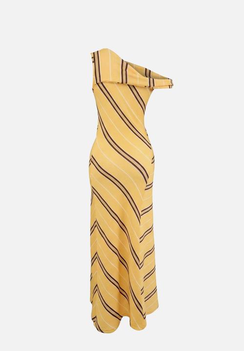 Trendyol - Striped A-Line Asymmetric Neck Knit Dress - Yellow