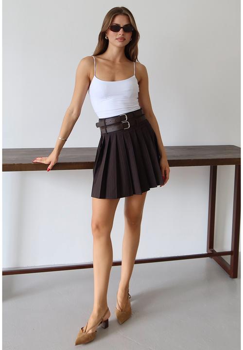 Trendyol - Double-Belt Pleated Mini Skirt - Brown