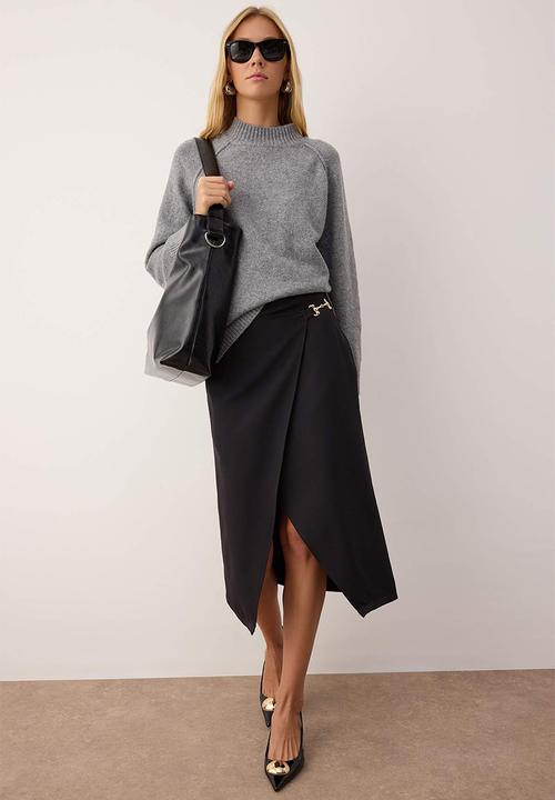 Trendyol - Double-Breasted Slit Midi Skirt with Accessory Detail - Black