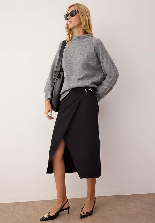 Trendyol - Double-Breasted Slit Midi Skirt with Accessory Detail - Black