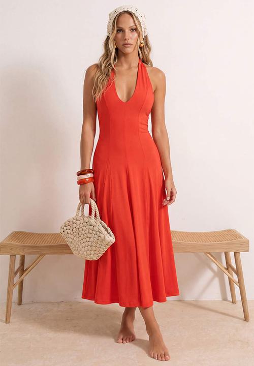 Trendyol - Backless Halter Midi Beach Dress - Red