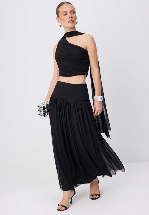 Trendyol - Asymmetric Collar Tulle Top and Bottom Set - Black