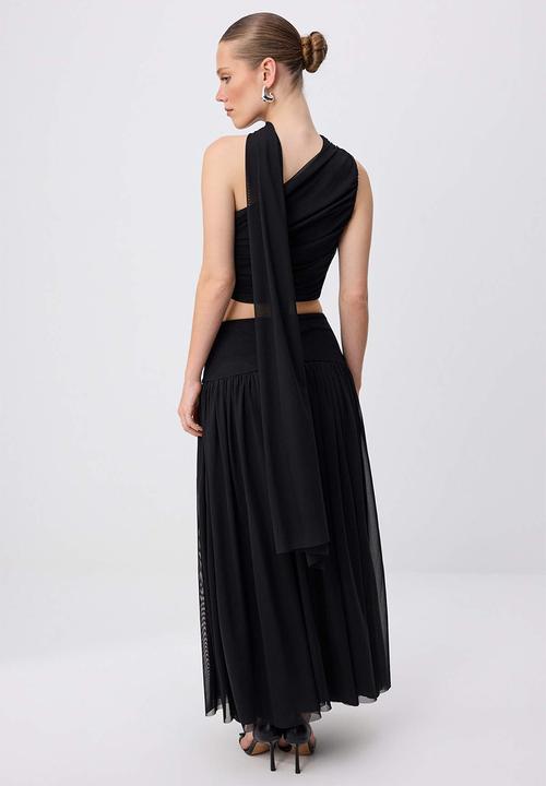 Trendyol - Asymmetric Collar Tulle Top and Bottom Set - Black