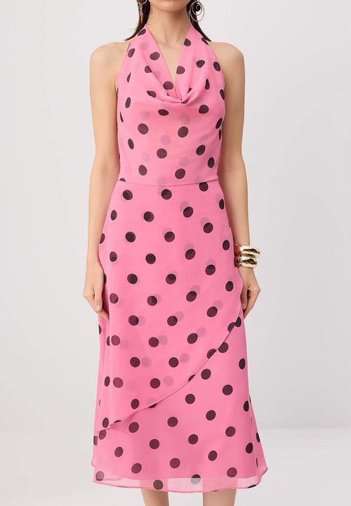 Trendyol - Polka Dot Halter Neck A-Line Midi Dress - Multicolour