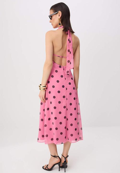 Trendyol - Polka Dot Halter Neck A-Line Midi Dress - Multicolour