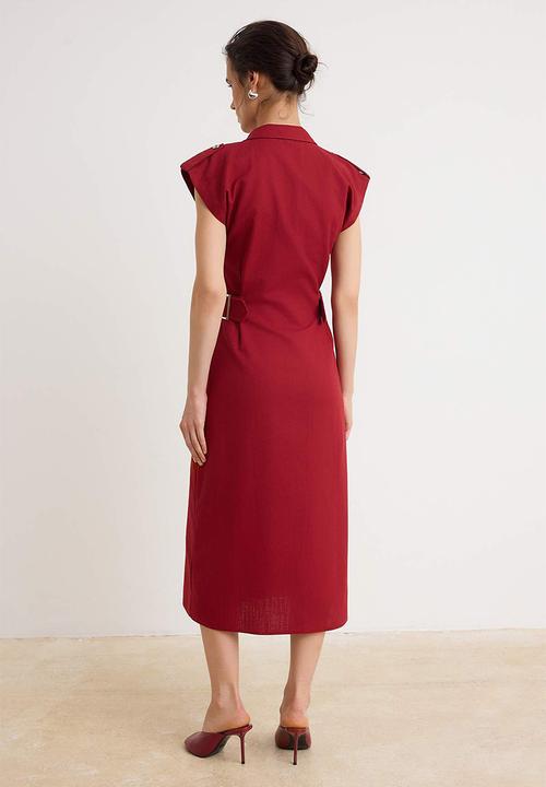 Trendyol - Accessory Detail Buttoned Midi Shirt Dress - Red