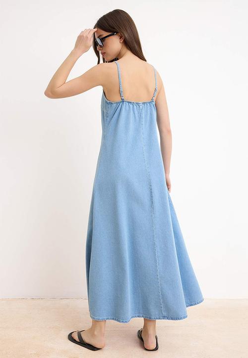 Trendyol - Tencel Blend Strappy Maxi Denim Dress - Blue