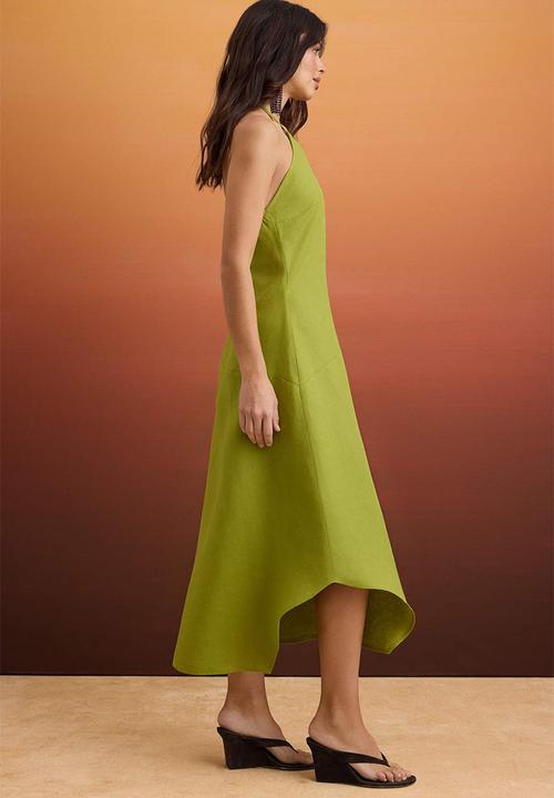 Trendyol - Asymmetric Linen Halter Neck Midi Dress - Oil Green