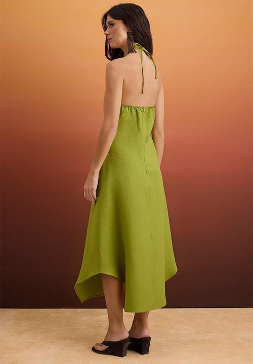 Trendyol - Asymmetric Linen Halter Neck Midi Dress - Oil Green