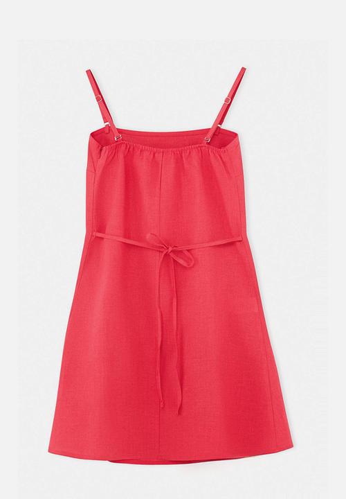 Trendyol - Strapless Linen Mini Dress with Detachable Straps - Pomegranate Blossom