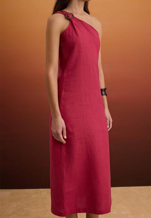 Trendyol - Asymmetric Collar Linen Maxi Dress with Accessory Detail - Tile