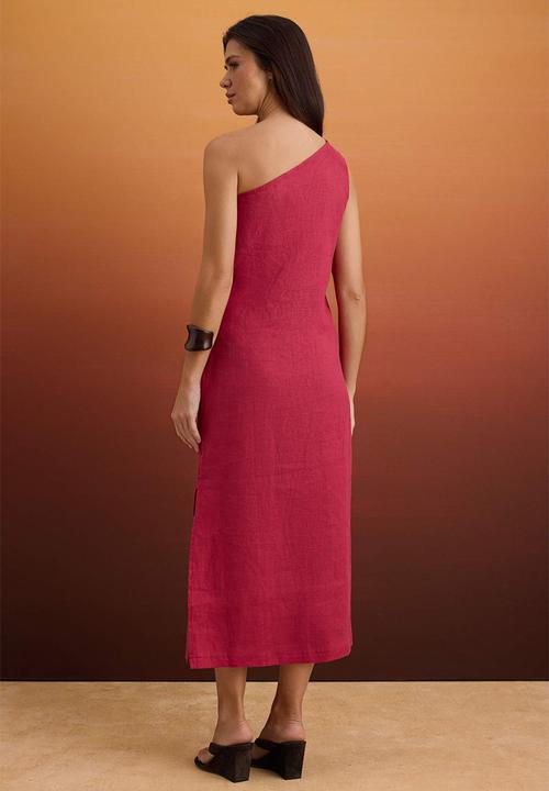 Trendyol - Asymmetric Collar Linen Maxi Dress with Accessory Detail - Tile