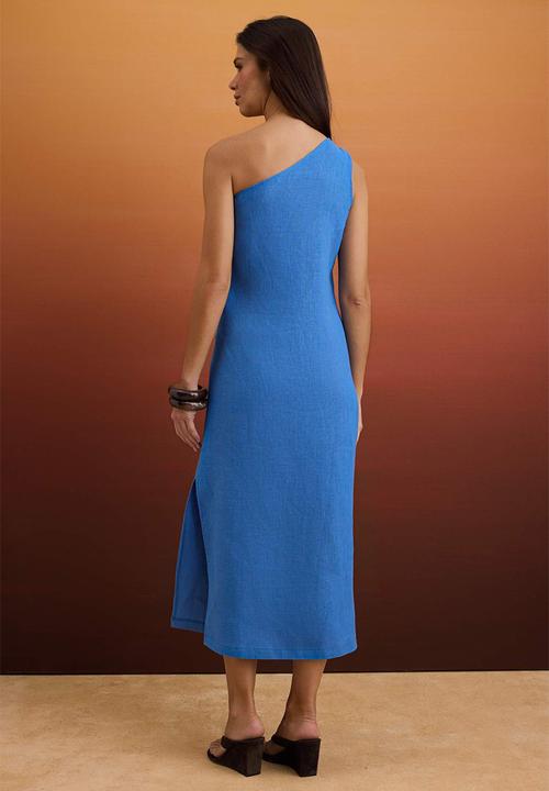 Trendyol - Asymmetric Collar Linen Maxi Dress with Accessory Detail - Blue