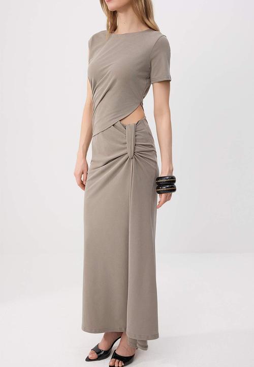 Trendyol - Fitted Window Detail Maxi Modal Knit Dress - Light Khaki
