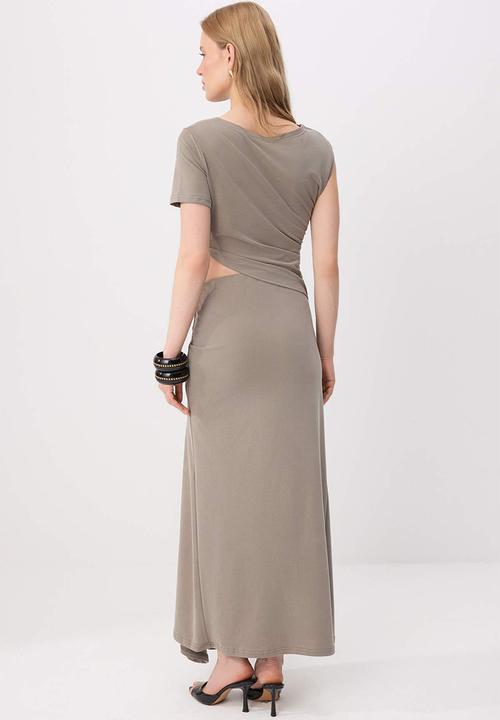 Trendyol - Fitted Window Detail Maxi Modal Knit Dress - Light Khaki