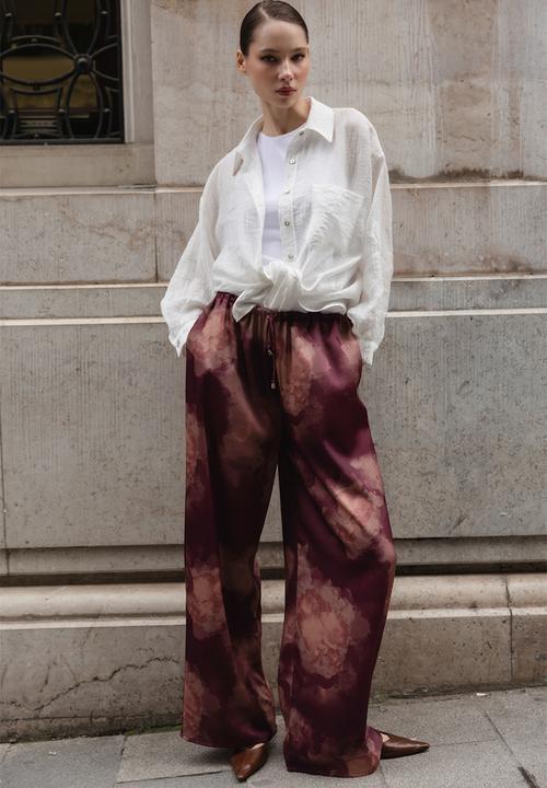 Trendyol - Gradient Print Satin Wide-Leg Trousers - Plum