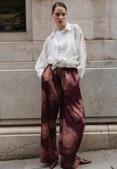 Trendyol - Gradient Print Satin Wide-Leg Trousers - Plum
