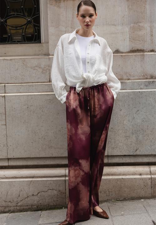 Trendyol - Gradient Print Satin Wide-Leg Trousers - Plum