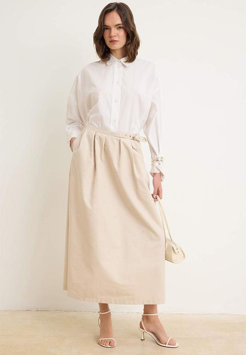 Trendyol - Long Denim Skirt - Beige