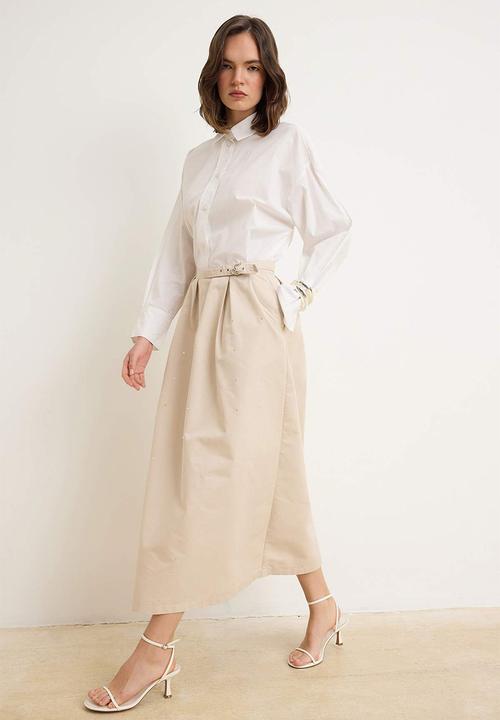 Trendyol - Long Denim Skirt - Beige