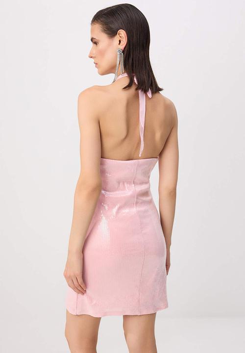 Trendyol - Halter Neck Bodycon Mini Knit Dress - Pink