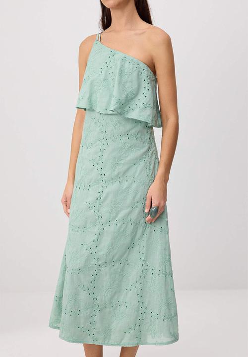 Trendyol - Asymmetric Collar Textured Midi Dress - Water Green