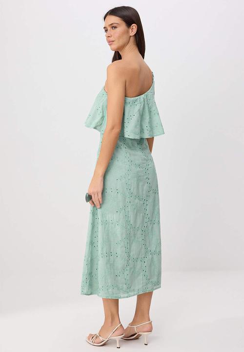Trendyol - Asymmetric Collar Textured Midi Dress - Water Green
