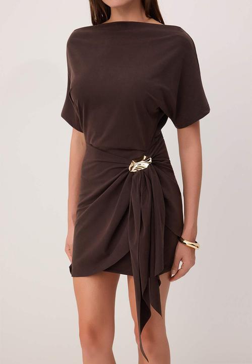 Trendyol - Premium Lyocell Bell-Shaped Mini Knit Dress with Accessory Detail - Dark Brown