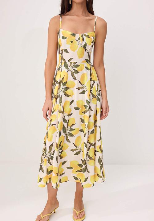 Trendyol - Lemon Print Strappy A-Line Maxi Dress - Multicolour