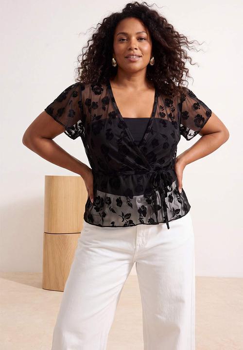 Trendyol - Plus flock printed tulle sheer knit top - black