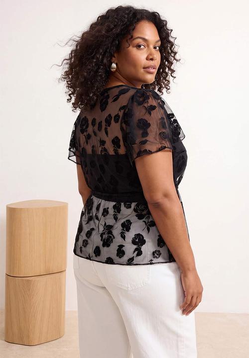 Trendyol - Plus flock printed tulle sheer knit top - black