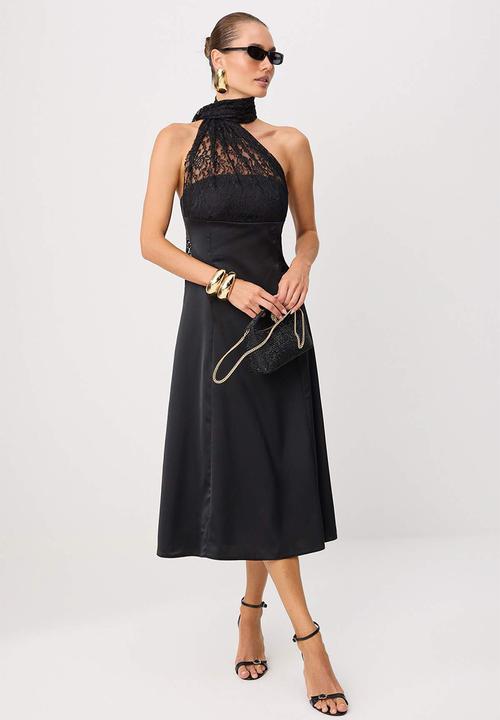 Trendyol - Shawl Collar A-Line Satin Midi Dress - Black