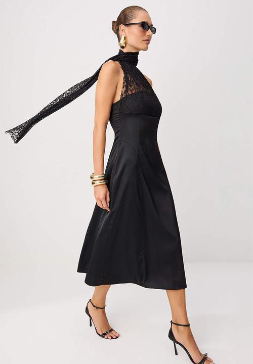Trendyol - Shawl Collar A-Line Satin Midi Dress - Black