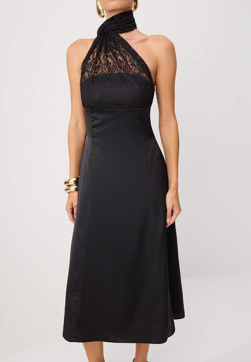 Trendyol - Shawl Collar A-Line Satin Midi Dress - Black