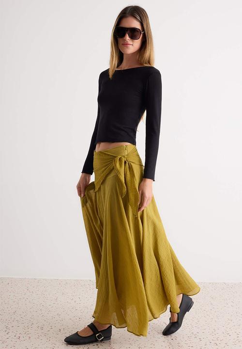 Trendyol - Tie-Dye Detail Lined Maxi Skirt - Oil Green